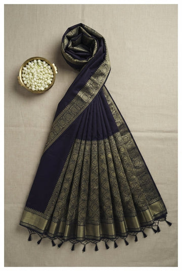 Elegant Navy Blue Banarasi Silk Saree With Rich Gold Zari Brocade Work