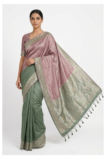 Dusty Rose & Sage Green Banarasi Silk Blend Saree With Zari Weaving