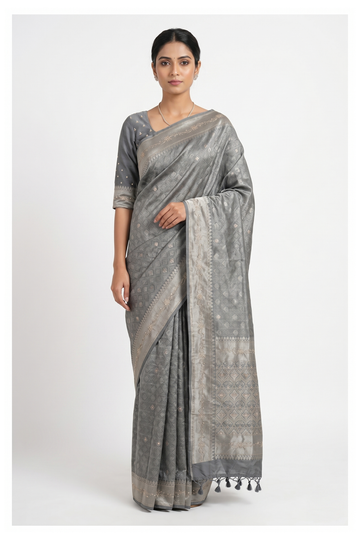 Charcoal Grey South Tissue Silk Wedding & Party Wear Saree