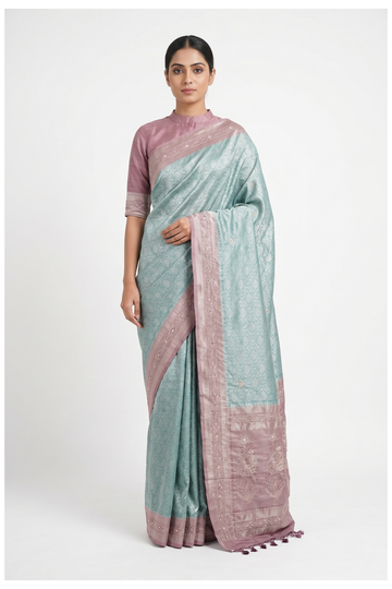 Dusty Teal South Silk Tissue Wedding & Partywear Saree