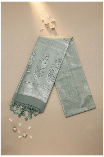 Pale Sage Green Banarasi Art Silk Wedding & Party Wear Saree