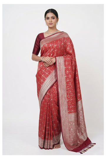 Red Banarasi Silk Saree With All Over Jaal Weaving