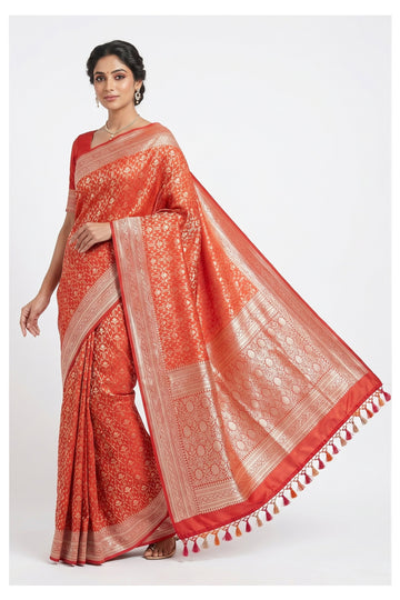 Coral Orange Banarasi Silk Saree With All Over Jaal Weaving