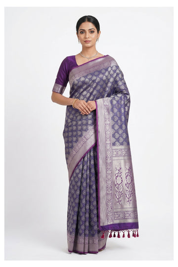 Purple Banarasi Silk Saree With Butta Jaal Weaving