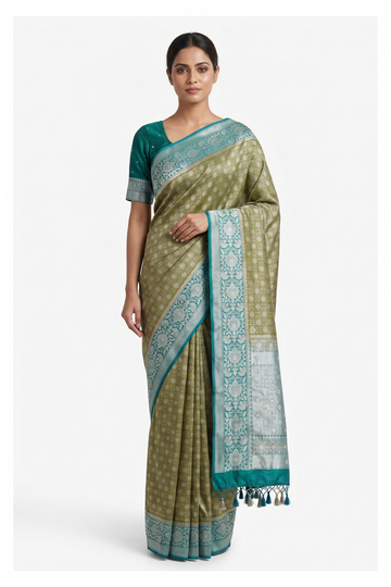 Olive Green Banarasi Silk Saree With Hand Work Weaving