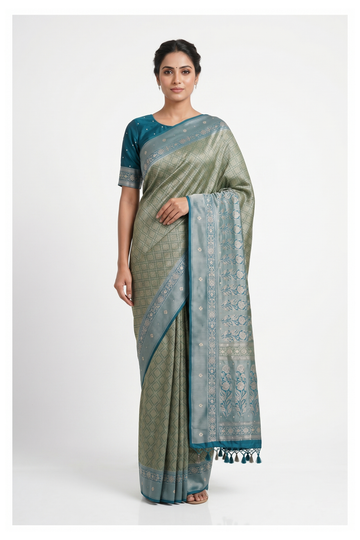 Teal Banarasi Silk Saree With Hand Work Weaving