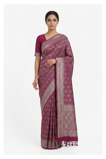 Wine Banarasi Silk Saree With Hand Work Weaving