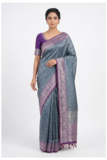 Plum Banarasi Silk Saree With  Hand Work Weaving
