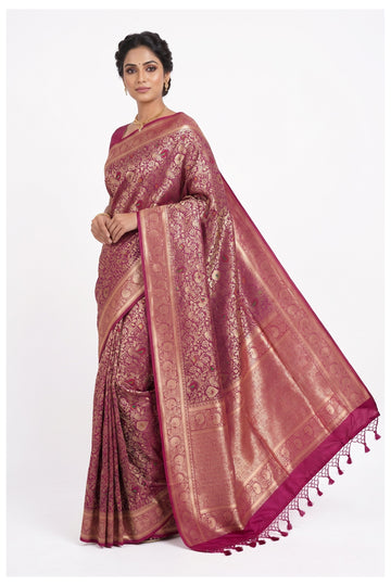 Magenta Banarasi Silk Saree With Rich Gold Zari Floral Weaving