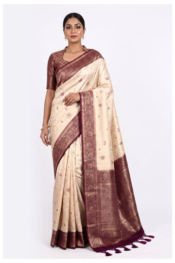 Cream Banarasi Silk Saree With Wine Zari Border
