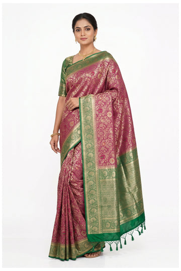 Magenta Banarasi Silk Saree With Green Zari Border