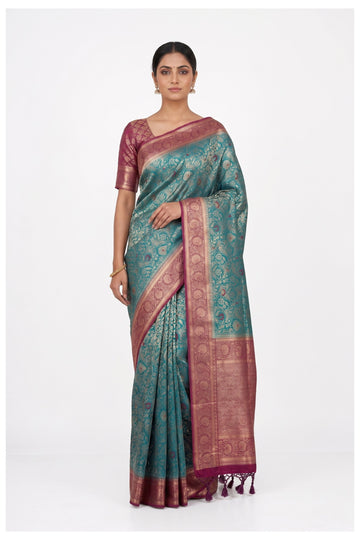 Sky Blue Banarasi Silk Saree With Magenta Zari Border