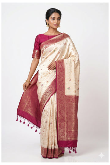 Cream Banarasi Silk Saree With Rani Pink Zari Border