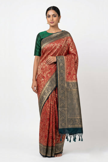 Rust Red Banarasi Silk Saree With Teal Zari Border