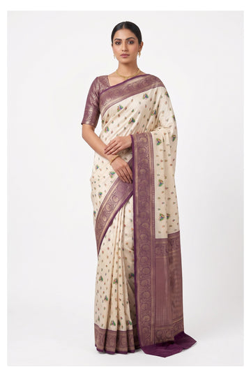 Cream Banarasi Silk Saree With Lavender Zari Border