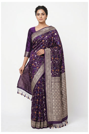 Royal Purple Banarasi Silk Saree With Floral Jaal Weaving