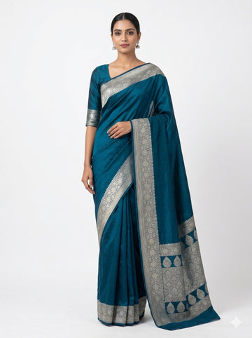 Teal Blue Banarasi Silk Saree With Silver Zari Border