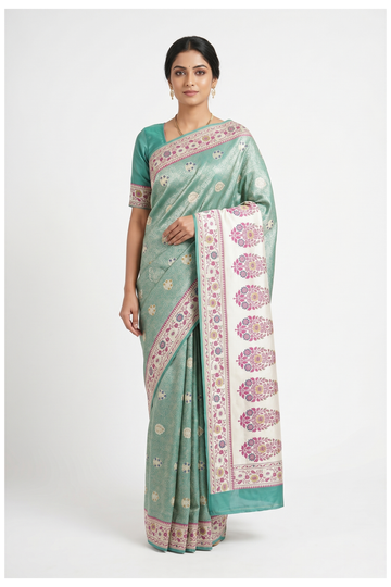 Sea Green Banarasi Silk Saree With Jaal Weaving