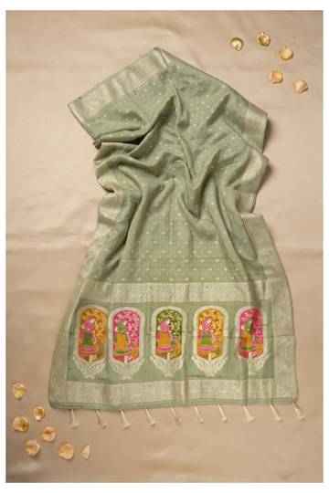 Sage Green Banarasi Art Silk Wedding Party Wear Saree