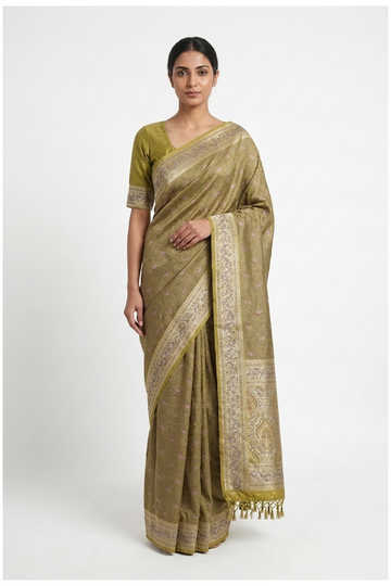 Olive Green Banarasi Pure Silk Wedding & Party Wear Saree