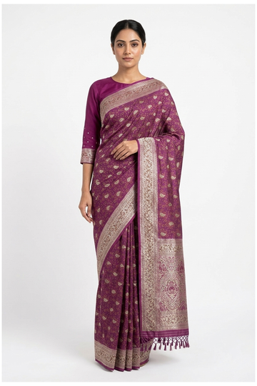 Wine Banarasi Pure Silk Wedding Party Wear Saree