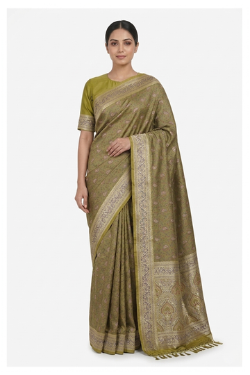 Mehendi Green Banarasi Pure Silk Wedding Saree