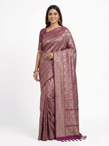 Magenta Banarasi Silk Saree With Rich Gold Zari Weaving