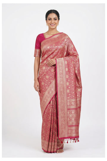 Rani Pink Banarasi Silk Saree With Floral Zari Weaving