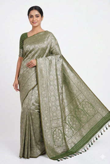 Olive Green Banarasi Silk Saree With Intricate Silver Zari Weaving