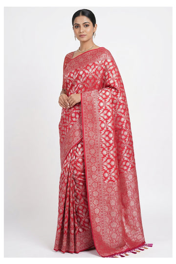 Coral Pink Banarasi Silk Saree With Floral Zari Jaal Weaving