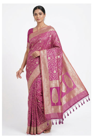 Rani Pink Banarasi Silk Saree With Floral Zari Jaal Weaving