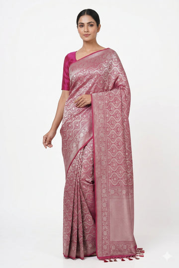 Pink Banarasi Silk Saree With Silver Zari Weaving