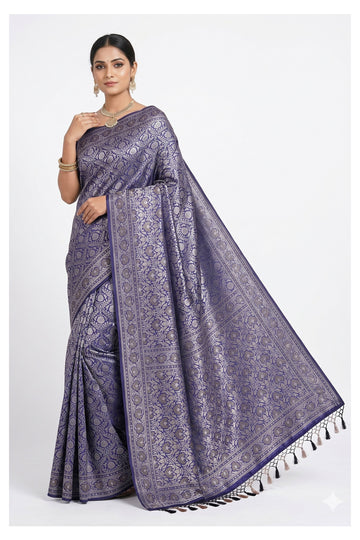 Royal Purple Banarasi Silk Saree With Floral Zari Jaal Weaving