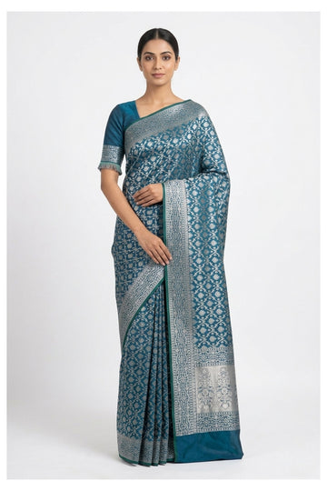 Teal Blue Banarasi Silk Saree With Traditional Zari Weaving
