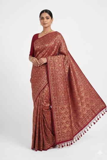 Maroon Banarasi Silk Saree With Rich Gold Zari Weaving