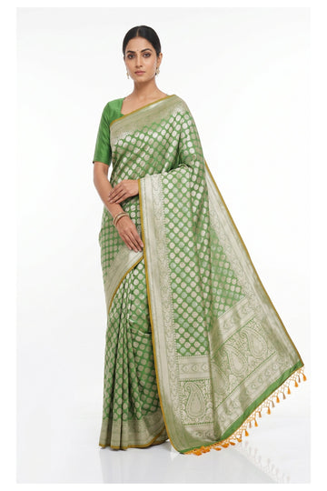 Pista Green Banarasi Silk Saree With Silver Zari Butta Weaving