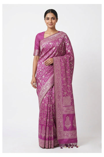 Magenta Banarasi Silk Saree With Floral Jaal Zari Weaving
