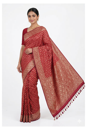 Red Banarasi Silk Saree With Gold Zari Diamond Weaving