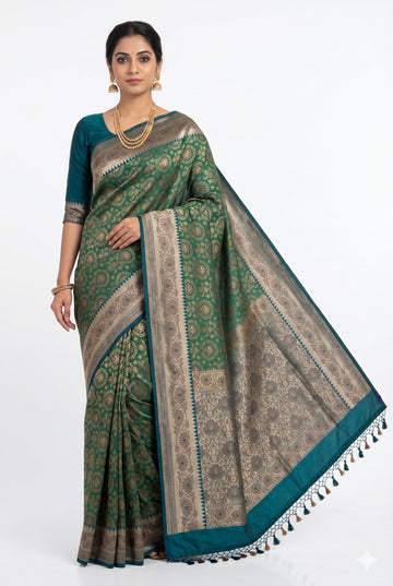 Teal Green Banarasi Silk Saree With Silver Zari Floral Weaving