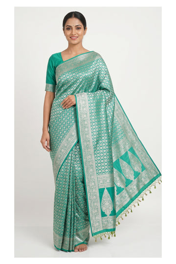 Sea Green Banarasi Silk Saree With Silver Zari Butta Weaving