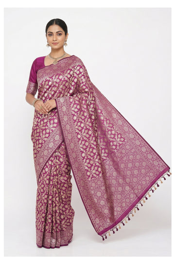 Magenta Purple Banarasi Silk Saree With Rich Gold Zari Floral Weaving