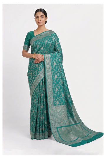Turquoise Banarasi Silk Saree With Silver Zari Floral Weaving