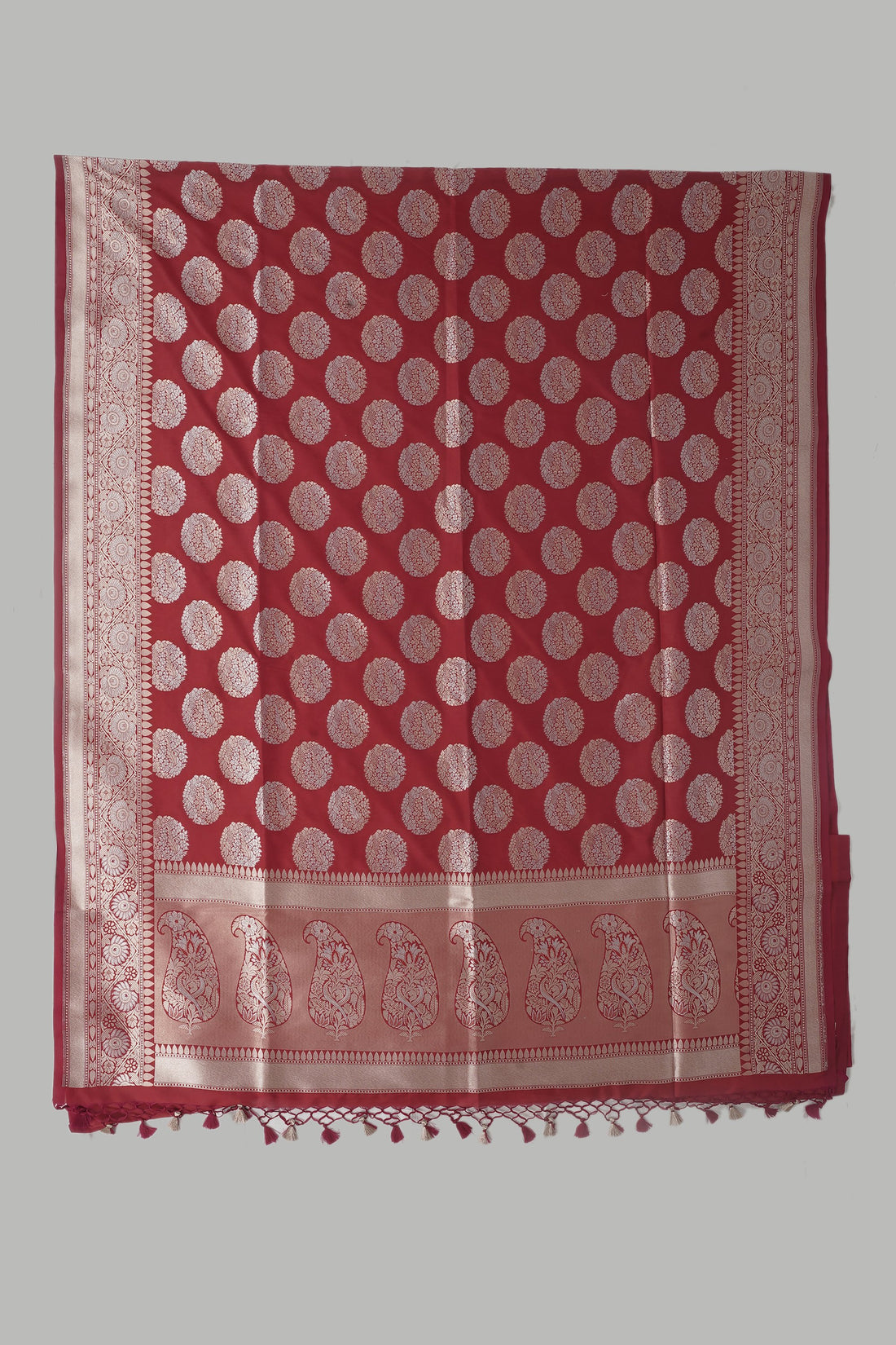 Red Banarasi Silk Saree With Silver Zari Polka Butta Weaving