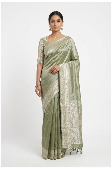 Sage Green South Tissue Pure Silk Wedding & Party Wear Saree