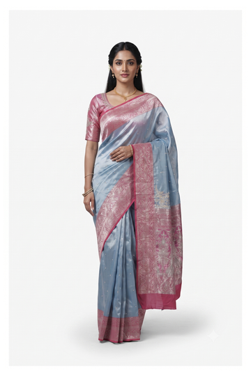 Dusty Blue Pure Silk South Saree For Wedding & Party Wear