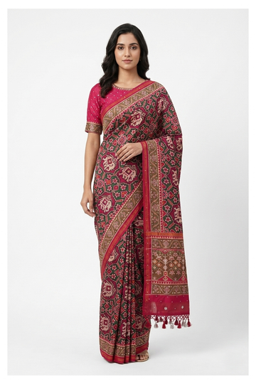 Violet Red Patola Pure Silk Wedding Party Wear Saree