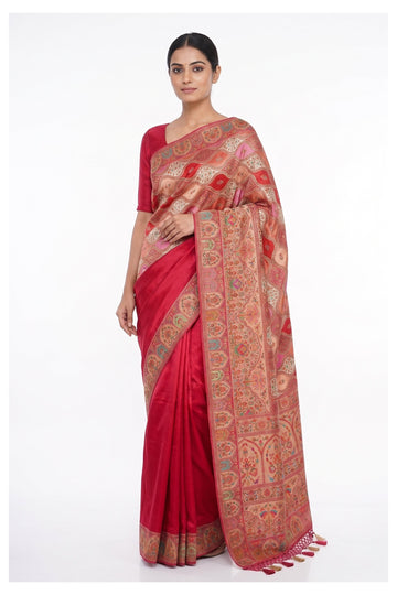 Rani Pink Banarasi Silk Saree With Kashmiri Inspired Woven Pallu