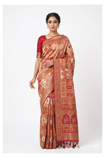 Peach Pink Heritage Art Silk Saree With Storytelling Woven Panels