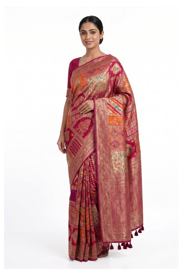 Rani Pink Heritage Patchwork Art Silk Saree