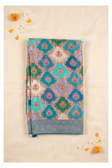 Teal Banarasi Art Crepe Silk Wedding Party Wear Saree